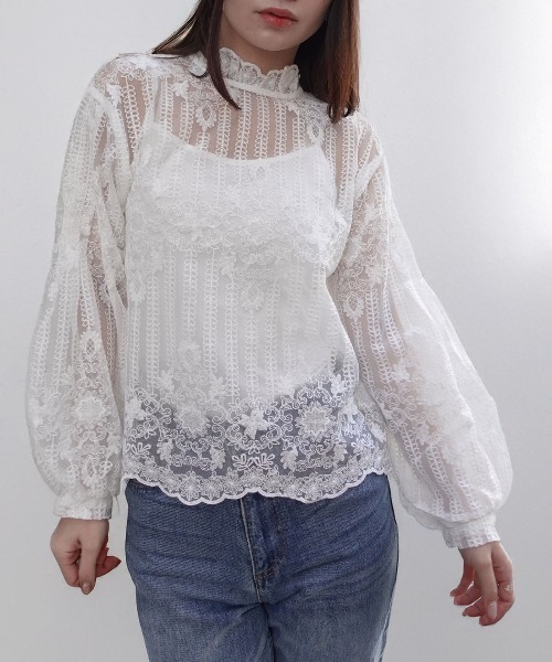 CORNERS(コーナーズ)の「ボリュームスリーブハイネックレーストップス(インナー付き)(シャツ/ブラウス・レディース・ホワイト/ベージュ系その他/ブラック・M)」の17枚目の写真