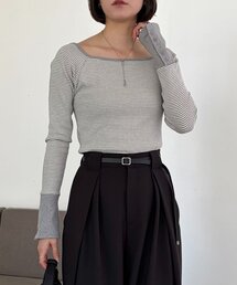 CAPRICIEUX LE'MAGE | ボーダー袖ボタンロンT(Tシャツ/カットソー)