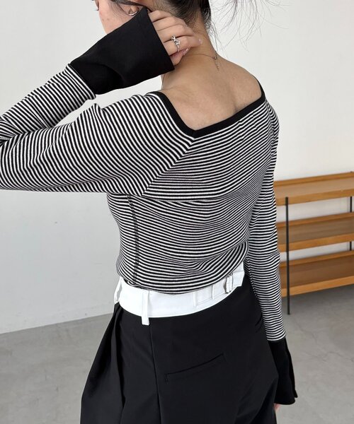 CAPRICIEUX LE'MAGE（カプリシューレマージュ）の「ボーダー袖ボタンロンT（Tシャツ/カットソー・レディース・グレー/ブラック/グリーン・FREE）」の5枚目の写真