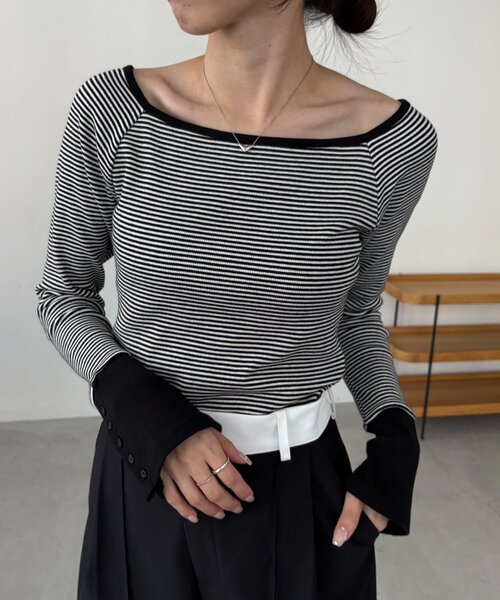 CAPRICIEUX LE'MAGE（カプリシューレマージュ）の「ボーダー袖ボタンロンT（Tシャツ/カットソー・レディース・グレー/ブラック/グリーン・FREE）」の8枚目の写真