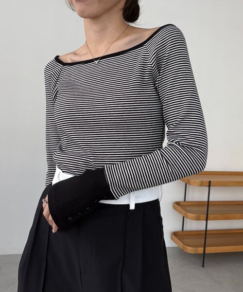 CAPRICIEUX LE'MAGE（カプリシューレマージュ）の「ボーダー袖ボタンロンT（Tシャツ/カットソー・レディース・グレー/ブラック/グリーン・FREE）」の9枚目の写真