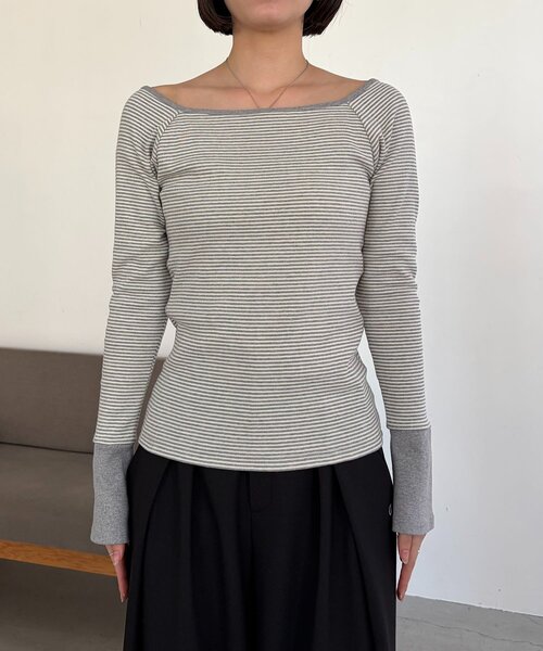 CAPRICIEUX LE'MAGE（カプリシューレマージュ）の「ボーダー袖ボタンロンT（Tシャツ/カットソー・レディース・グレー/ブラック/グリーン・FREE）」の16枚目の写真