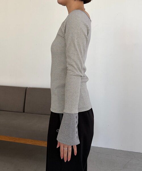 CAPRICIEUX LE'MAGE（カプリシューレマージュ）の「ボーダー袖ボタンロンT（Tシャツ/カットソー・レディース・グレー/ブラック/グリーン・FREE）」の17枚目の写真