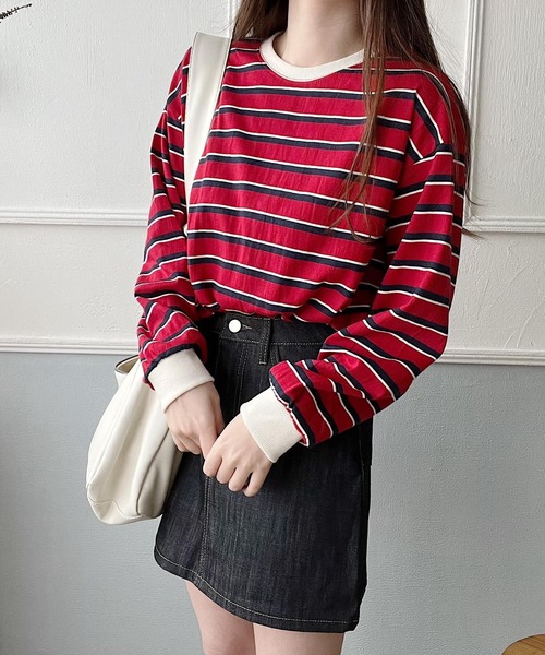Nana（ナナ）の「ボーダーロングTシャツ（Tシャツ/カットソー・レディース・レッド/ブルー・FREE）」の3枚目の写真