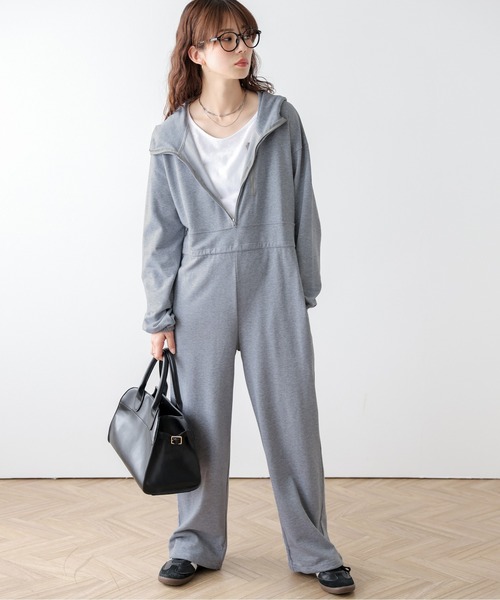 セール】ハーフジップ スウェットジャンプスーツ（つなぎ