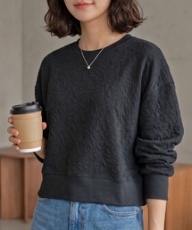 【一部 秋の先行予約/新色】ジャガード ショート丈トップス クルーネック 凹凸素材 ショート トップス カットソー