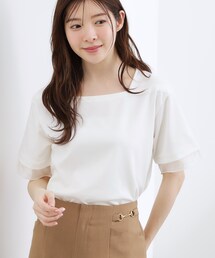 【二の腕カバー/UVカット】袖口シアースクエアネックTシャツ
