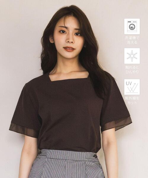 grove(グローブ)の「【二の腕カバー/UVカット・ひんやり】袖口シアースクエアネックTシャツ(Tシャツ/カットソー・レディース・ブラック/オフホワイト/ライトブルー/ブラウン系その他・02/03/05/01/04)」の5枚目の写真