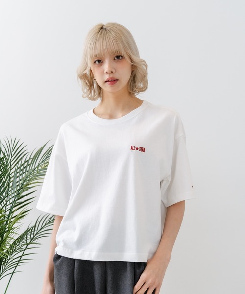 CONVERSE(コンバース)の「【CONVERSE/コンバース】【背中で魅せるハイカット】バックプリントTシャツ オールスター 前面ワンポイント(Tシャツ/カットソー・レディース・オフホワイト/ブラック/グリーン・MEDIUM)」の9枚目の写真