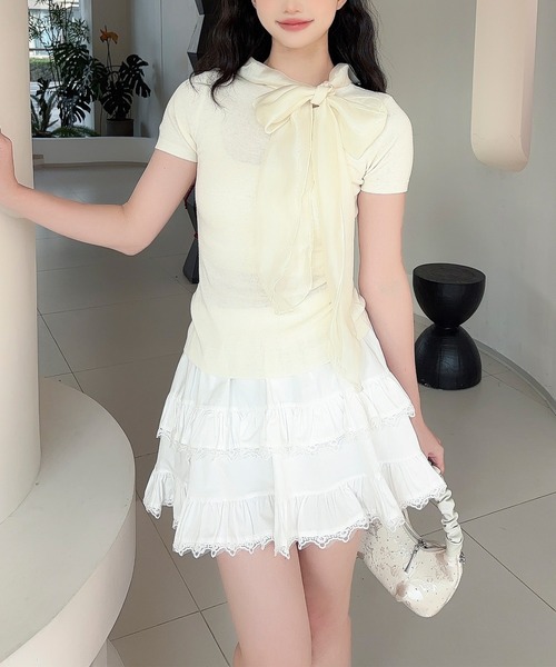 Jasmine Grandiflorum（ジャスミングランディフローラム）の「【Jasmine】リボンシアーニットトップス (SS)（Tシャツ/カットソー・レディース・ブラック/ライトベージュ・FREE）」の13枚目の写真