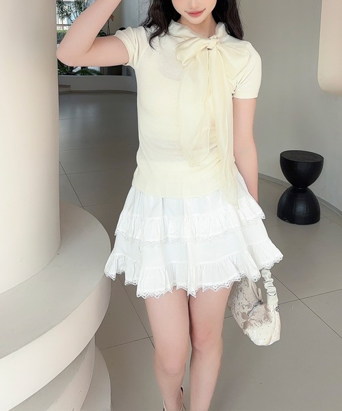 Jasmine Grandiflorum（ジャスミングランディフローラム）の「【Jasmine】リボンシアーニットトップス (SS)（Tシャツ/カットソー・レディース・ブラック/ライトベージュ・FREE）」の14枚目の写真