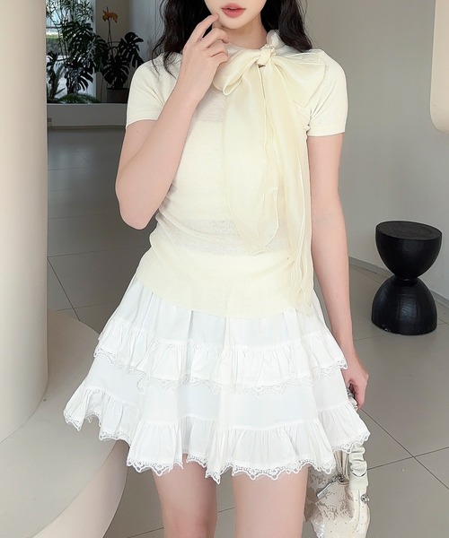 Jasmine Grandiflorum（ジャスミングランディフローラム）の「【Jasmine】リボンシアーニットトップス (SS)（Tシャツ/カットソー・レディース・ブラック/ライトベージュ・FREE）」の15枚目の写真