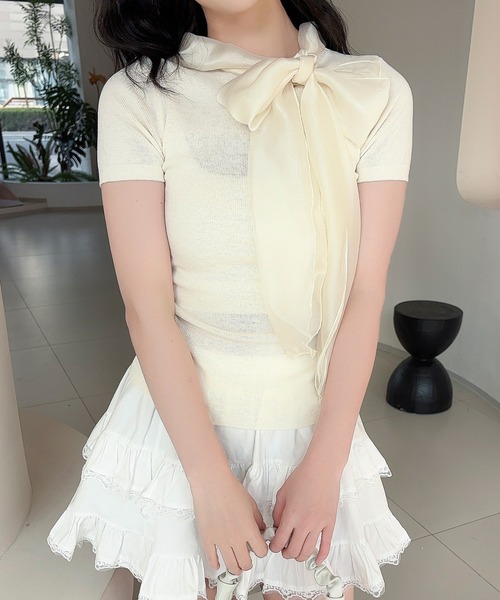 Jasmine Grandiflorum（ジャスミングランディフローラム）の「【Jasmine】リボンシアーニットトップス (SS)（Tシャツ/カットソー・レディース・ブラック/ライトベージュ・FREE）」の16枚目の写真