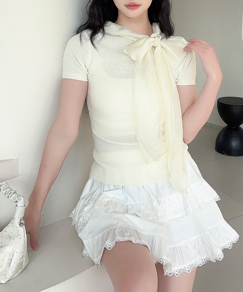 Jasmine Grandiflorum（ジャスミングランディフローラム）の「【Jasmine】リボンシアーニットトップス (SS)（Tシャツ/カットソー・レディース・ブラック/ライトベージュ・FREE）」の17枚目の写真