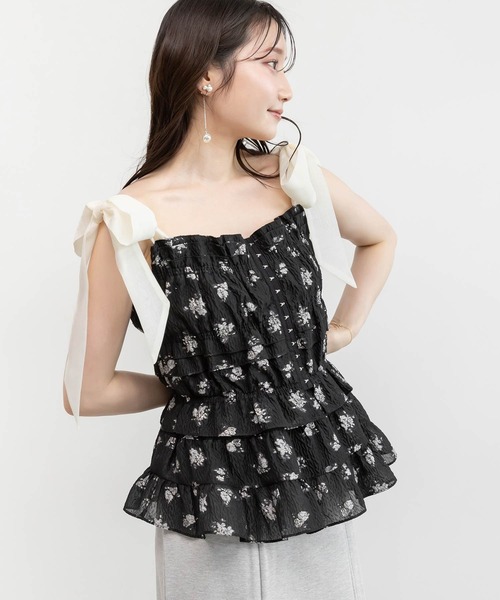 RANDA（ランダ）の「フリルジャガードリボントップス（シャツ/ブラウス・レディース・ブラック/クリーム/ピンク・FREE）」の2枚目の写真