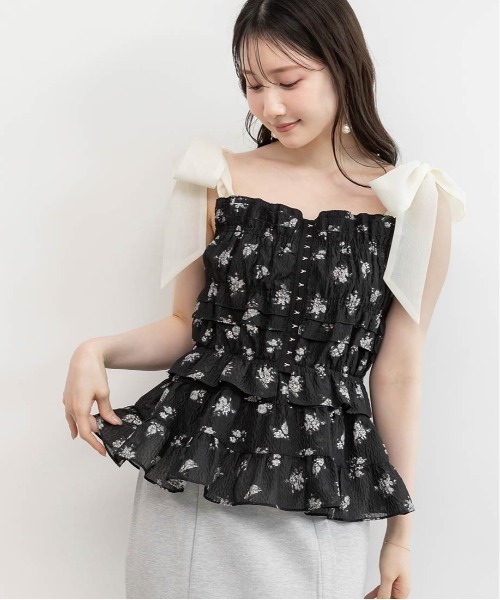 RANDA（ランダ）の「フリルジャガードリボントップス（シャツ/ブラウス・レディース・ブラック/クリーム/ピンク・FREE）」の13枚目の写真