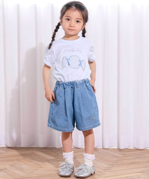 SLAP SLIP(スラップスリップ)の「デニム&ツイルバックフリルリボンショートパンツ(90~130cm)(デニムパンツ・キッズ・パープル/ブルー・110cm/90cm/100cm/120cm/130cm)」の4枚目の写真