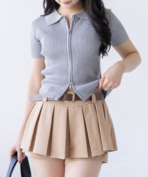 clear | ラインストーンカラーダブルジップ半袖ニットトップス[骨格ストレート カジュアル 大人](ニット/セーター)