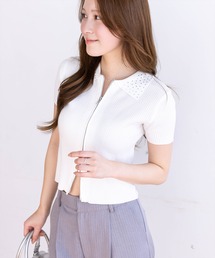 clear | ラインストーンカラーダブルジップ半袖ニットトップス[骨格ストレート カジュアル 大人](ニット/セーター)