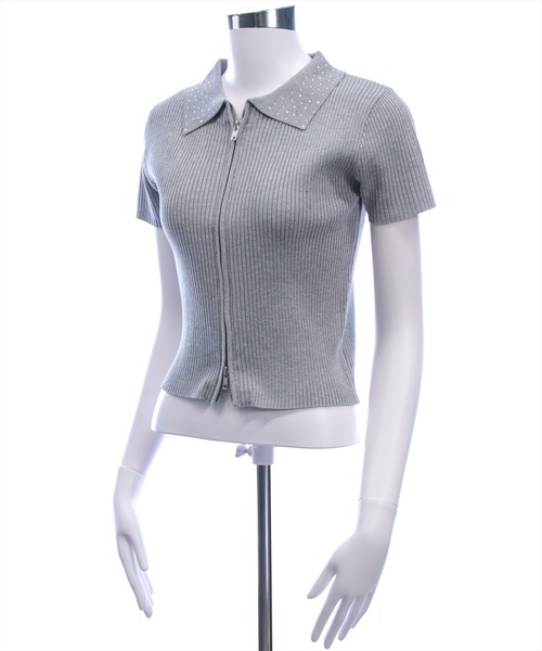 clear（クリア）の「ラインストーンカラーダブルジップ半袖ニットトップス[骨格ストレート カジュアル 大人]（ニット/セーター・レディース・レッド/オフホワイト/杢グレー/ブラック・F）」の20枚目の写真