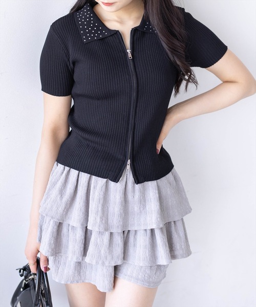 clear（クリア）の「ラインストーンカラーダブルジップ半袖ニットトップス[骨格ストレート カジュアル 大人]（ニット/セーター・レディース・レッド/オフホワイト/杢グレー/ブラック・F）」の5枚目の写真