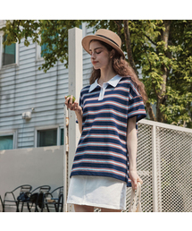 ストライプカラー半袖Tシャツ / ストライプネイビー