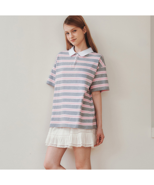 ZEROSTREET（ゼロストリート）の「ストライプカラー半袖Tシャツ / ストライプネイビー（ポロシャツ・レディース・ネイビー/ピンク・FREE）」の2枚目の写真
