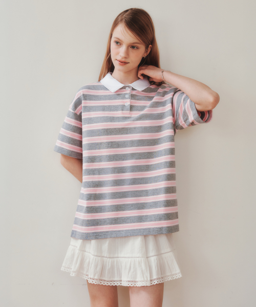 ZEROSTREET（ゼロストリート）の「ストライプカラー半袖Tシャツ / ストライプネイビー（ポロシャツ・レディース・ネイビー/ピンク・FREE）」の3枚目の写真