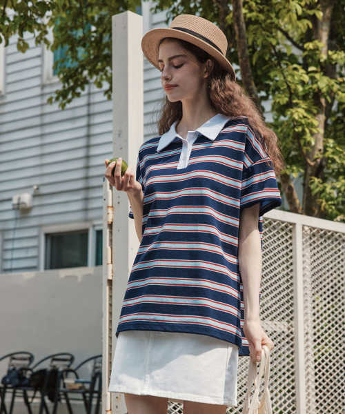 ZEROSTREET（ゼロストリート）の「ストライプカラー半袖Tシャツ / ストライプネイビー（ポロシャツ・レディース・ネイビー/ピンク・FREE）」の4枚目の写真