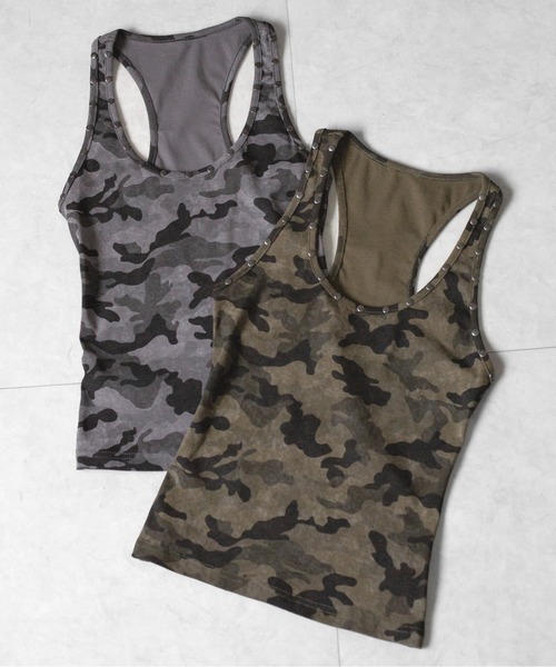 me+em select(ミームセレクト)の「※※【 2color 】ヴィンテージカモフラスタッズアメスリタンクトップ / vintage camouflage studded american sleeveless tank top(タンクトップ・レディース・グレー/カーキ・FREE)」の4枚目の写真