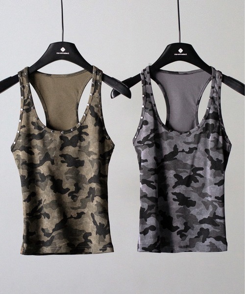 me+em select(ミームセレクト)の「※※【 2color 】ヴィンテージカモフラスタッズアメスリタンクトップ / vintage camouflage studded american sleeveless tank top(タンクトップ・レディース・グレー/カーキ・FREE)」の3枚目の写真