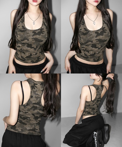 me+em select(ミームセレクト)の「※※【 2color 】ヴィンテージカモフラスタッズアメスリタンクトップ / vintage camouflage studded american sleeveless tank top(タンクトップ・レディース・グレー/カーキ・FREE)」の5枚目の写真