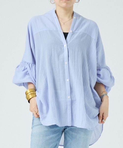 DESIGNWORKS(デザインワークス)の「【一部店舗限定】シアーバンドカラーブラウス(シャツ/ブラウス・レディース・サックスブルー/ブラック/ホワイト・フリー)」の3枚目の写真