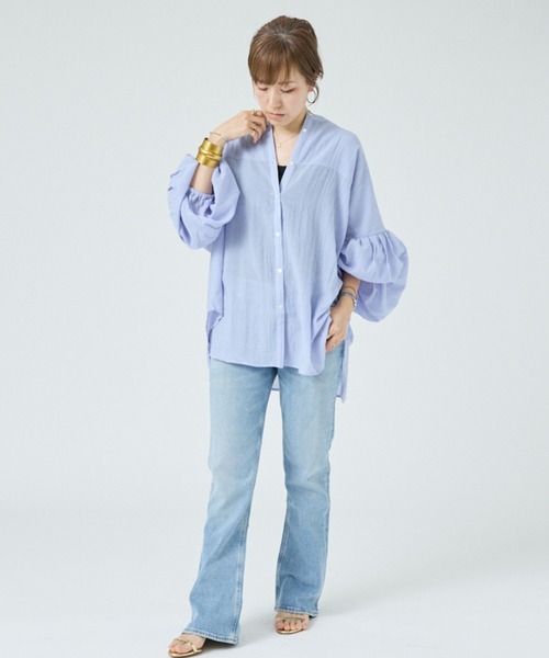 DESIGNWORKS(デザインワークス)の「【一部店舗限定】シアーバンドカラーブラウス(シャツ/ブラウス・レディース・サックスブルー/ブラック/ホワイト・フリー)」の12枚目の写真