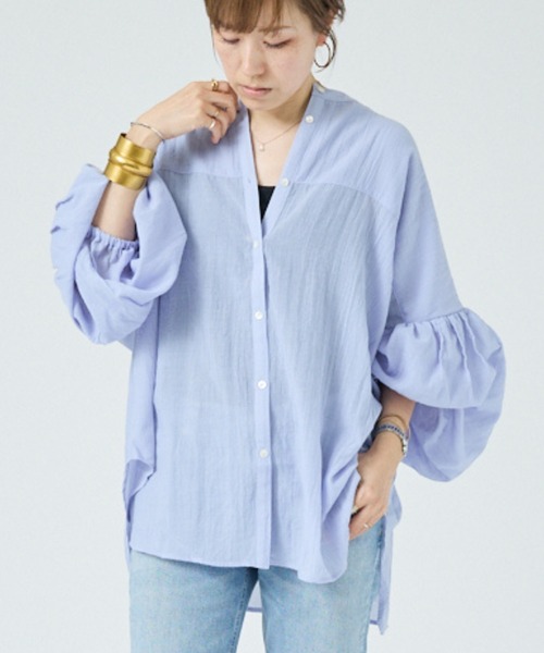 DESIGNWORKS(デザインワークス)の「【一部店舗限定】シアーバンドカラーブラウス(シャツ/ブラウス・レディース・サックスブルー/ブラック/ホワイト・フリー)」の7枚目の写真