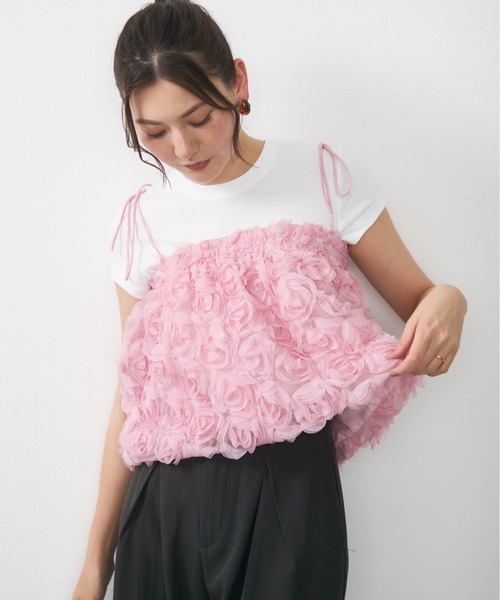 Lunea（ルネア）の「フラワーモチーフチュールキャミ / flower tulle short cami（キャミソール・レディース・ホワイト/アイボリー/ピンク・FREE）」の5枚目の写真