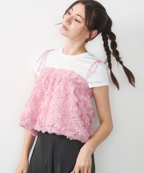 Lunea（ルネア）の「フラワーモチーフチュールキャミ / flower tulle short cami（キャミソール・レディース・ホワイト/アイボリー/ピンク・FREE）」の6枚目の写真