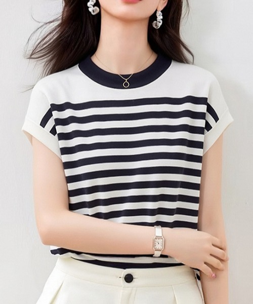 AMAJI(アマジ)の「ハイネック ボーダー Tシャツ(Tシャツ/カットソー・レディース・ブラック系その他・FREE)」の1枚目の写真
