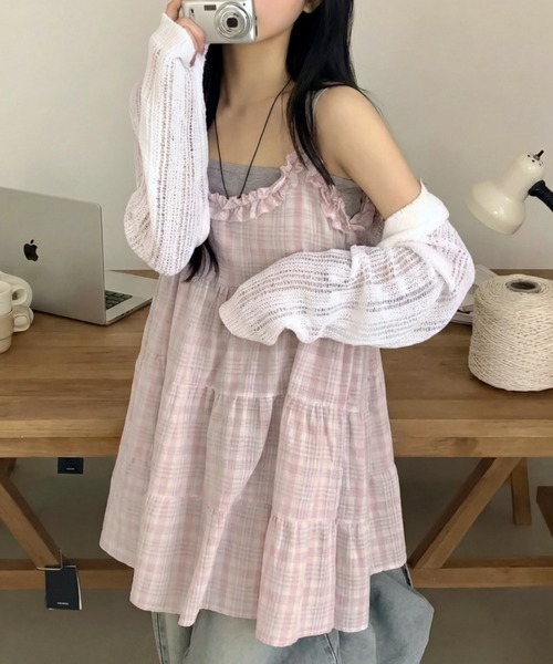 HAILY(ヘイリー)の「フリルネックチェック柄ティアードキャミワンピース/キャミトップス(キャミソール・レディース・ピンク/イエロー/ブルー・FREE)」の7枚目の写真