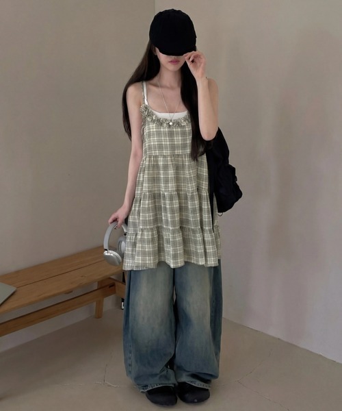 HAILY(ヘイリー)の「フリルネックチェック柄ティアードキャミワンピース/キャミトップス(キャミソール・レディース・ピンク/イエロー/ブルー・FREE)」の21枚目の写真