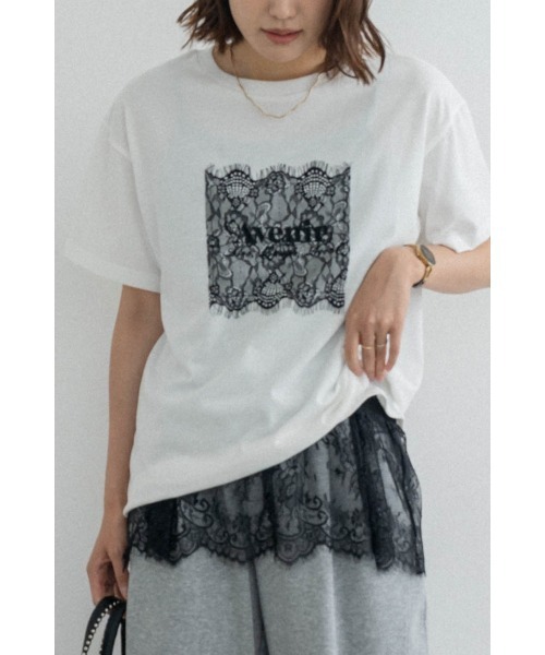 M.deux(エムドゥ)の「レースデザインロゴTシャツ(Tシャツ/カットソー・レディース・チャコールグレー/オフホワイト・MEDIUM)」の1枚目の写真