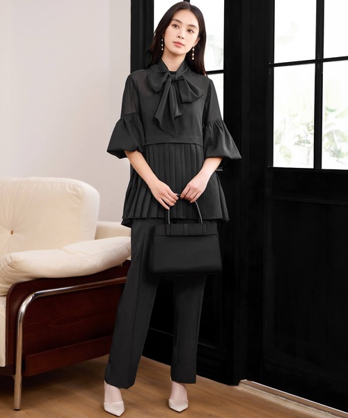 Cinderella(シンデレラ)の「パンツドレス パンツスーツ セットアップ お呼ばれ ドレス 結婚式 パーティードレス フォーマルスーツ フォーマルドレス ペプラム トップス ボリュームスリーブ きれいめ 体型カバー テーパードパンツ レディース 入学式 卒業式 セレモニー(パンツドレス・レディース・ブラック/ネイビー/ブラウン・LARGE/X-LARGE/MEDIUM)」の4枚目の写真