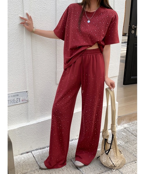 FAVORITO(ファヴォリート)の「ラインストーントップスパンツセットアップ(セットアップ・レディース・ブラック/レッド/オフホワイト/ピンク・F)」の4枚目の写真