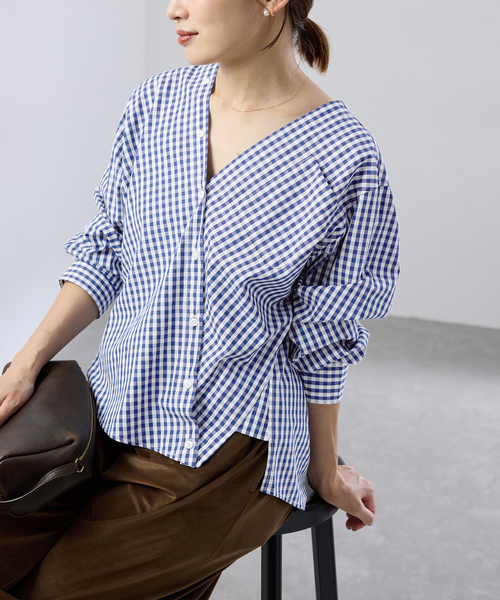 IENA(イエナ)の「《新色/追加》MA/RE/マレ カシュクールシャツ SIGNITURE SH(シャツ/ブラウス・レディース・ブルー/ブラック・FREE)」の1枚目の写真