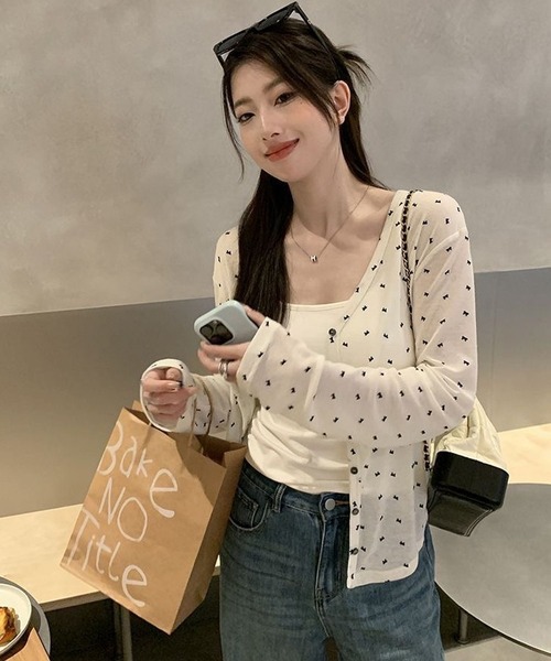 CANVAS+(キャンバスプラス)の「【CANVAS+】リボン柄シアーカーディガン(カーディガン/ボレロ・レディース・ホワイト/グレー・M)」の3枚目の写真