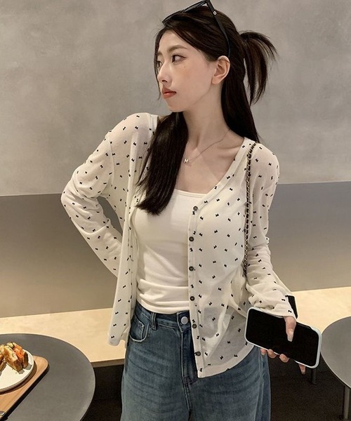 CANVAS+(キャンバスプラス)の「【CANVAS+】リボン柄シアーカーディガン(カーディガン/ボレロ・レディース・ホワイト/グレー・M)」の4枚目の写真