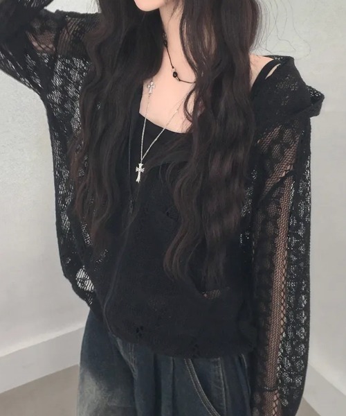 FLINEA(フリネア)の「フード付きパンチングレースジャケット(カーディガン/ボレロ・レディース・ブラック/ベージュ・FREE)」の1枚目の写真