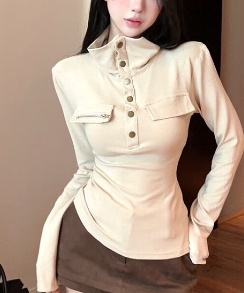 SHEENA(シーナ)の「【秋冬新作】スタンドネックドットボタンソフトタッチ長袖トップス(Tシャツ/カットソー・レディース・ライトベージュ/ブラウン/ブラック・M)」の6枚目の写真