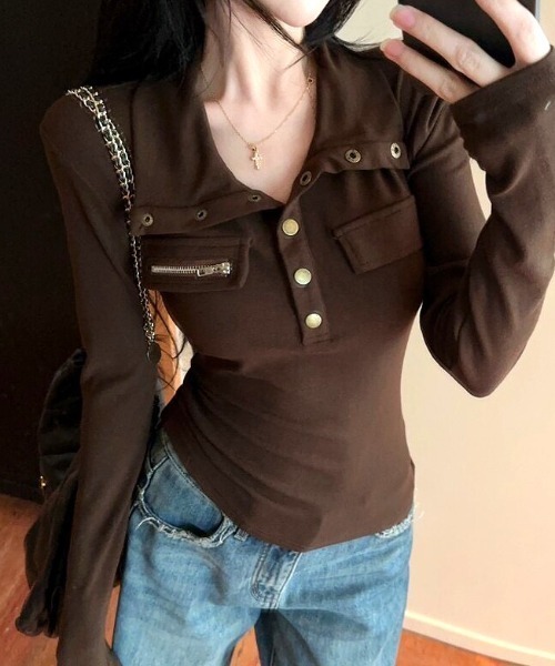 SHEENA(シーナ)の「【秋冬新作】スタンドネックドットボタンソフトタッチ長袖トップス(Tシャツ/カットソー・レディース・ライトベージュ/ブラウン/ブラック・M)」の9枚目の写真