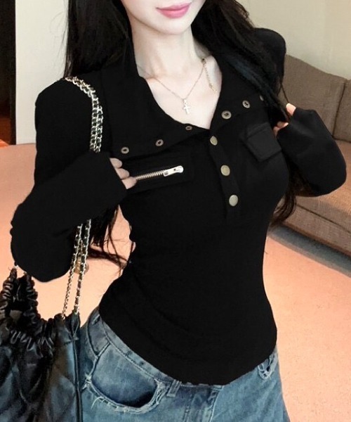 SHEENA(シーナ)の「【秋冬新作】スタンドネックドットボタンソフトタッチ長袖トップス(Tシャツ/カットソー・レディース・ライトベージュ/ブラウン/ブラック・M)」の13枚目の写真